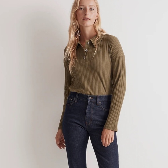 Madewell Tops - Madewell Variegated Rib Boxy Polo Shirt desert olive green
